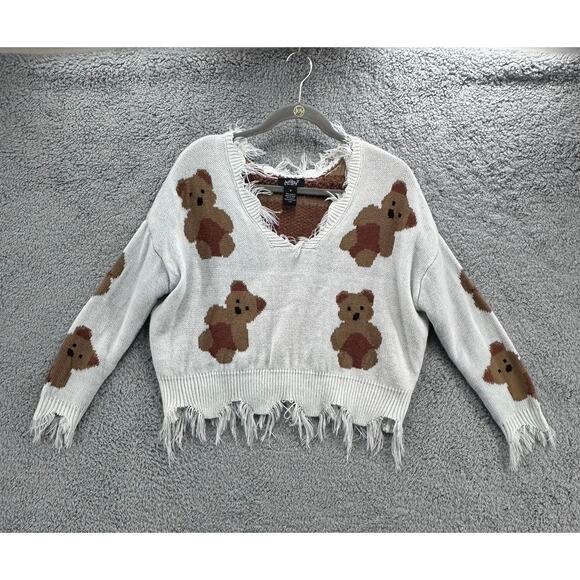 Just Polly NY Small Teddy Bear Knit Sweater Boxy Cut V-Neck Raw Hem Adorable - Picture 1 of 12